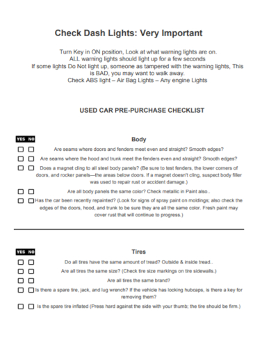 used car pre purchase inspection checklist