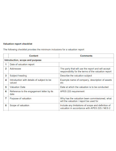 valuation report checklist format