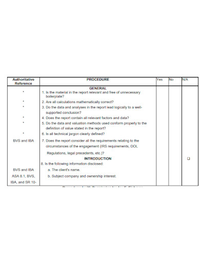 valuation report checklist sample