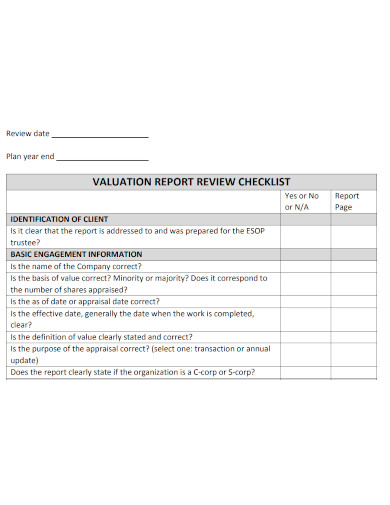valuation review report checklist