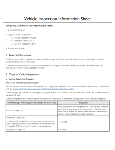 vehicle inspection information sheet