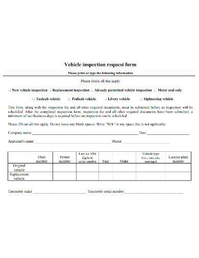 vehicle inspection request form sample