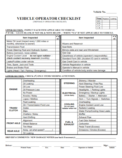 vehicle operator cleanliness inspection checklist
