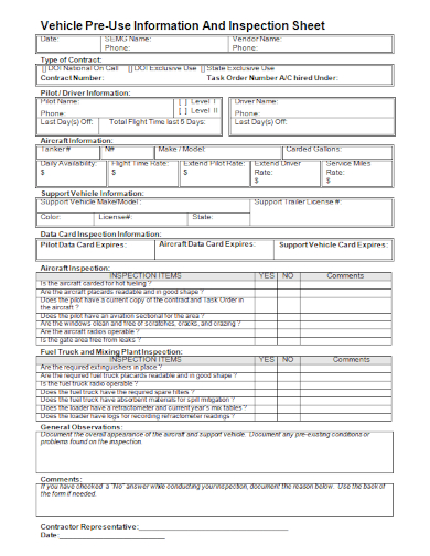 vehicle pre use information inspection sheet