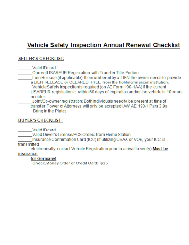 vehicle safety annual renewal inspection checklist