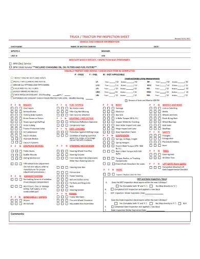 vehicle vendor information inspection sheet