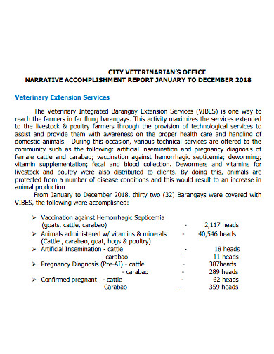 veterinary services narrative accomplishment report