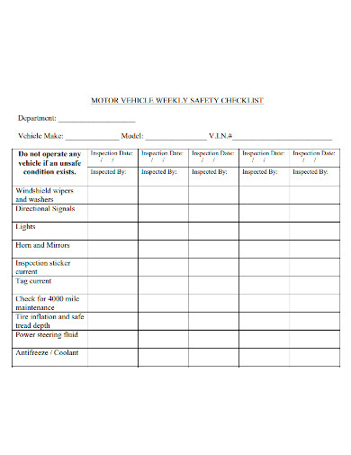 FREE 4 Weekly Vehicle Inspection Checklist Samples In PDF