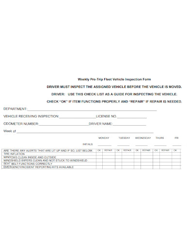 weekly pre trip fleet vehicle inspection form