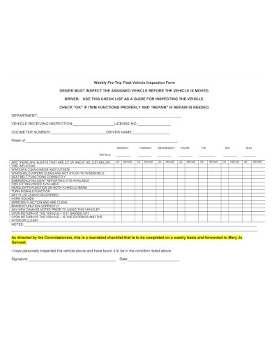 weekly pre trip fleet vehicle inspection form1
