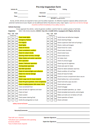 weekly vehicle pre trip inspection form