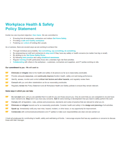 workplace health and safety policy statement