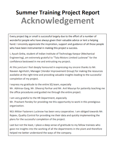 acknowledgment for training project report