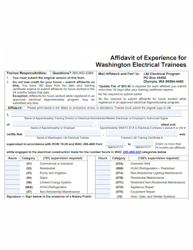 affidavit of electrical work experience