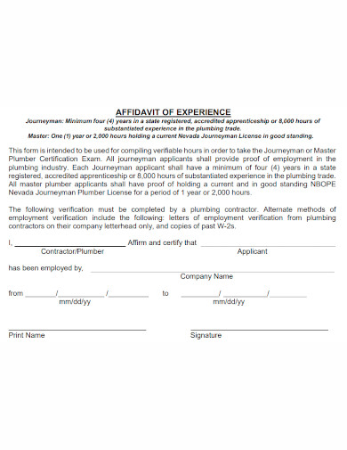 affidavit of work experience format