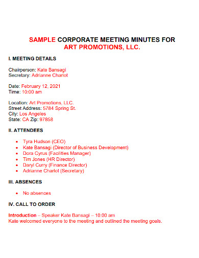 art promotion corporate meeting minutes