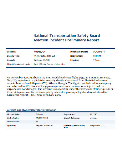 aviation incident preliminary report