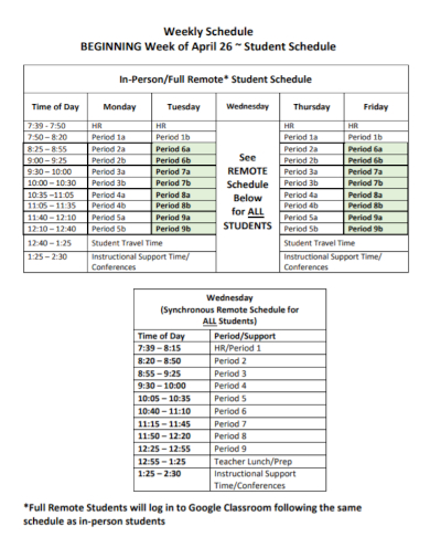 beginning weekly schedule for student