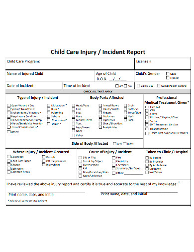 child care or injury incident report