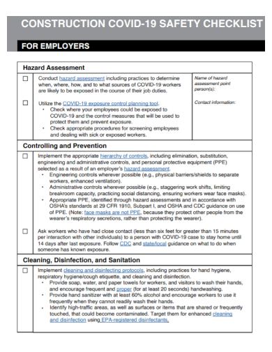 covid 19 safety checklist for employer