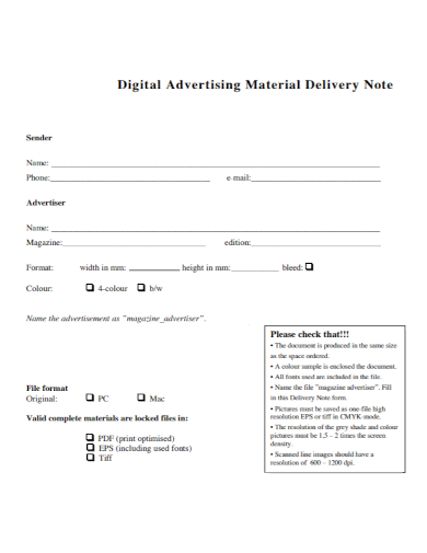 digital advertising material delivery note