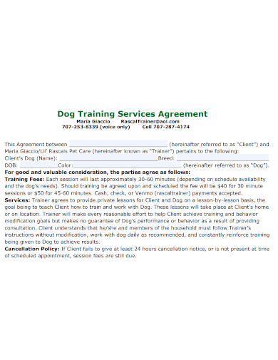 dog training services agreement