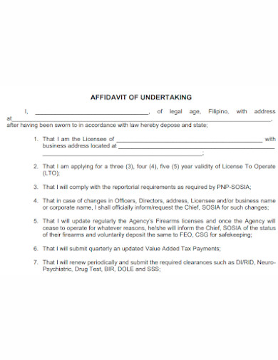 formal affidavit of undertaking
