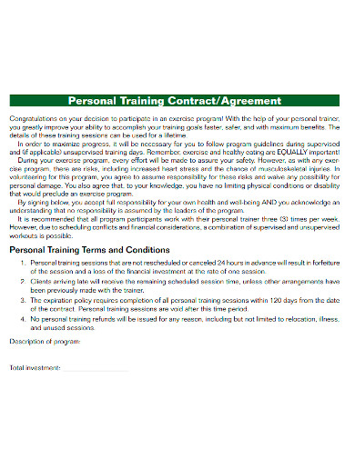 formal personal training contract