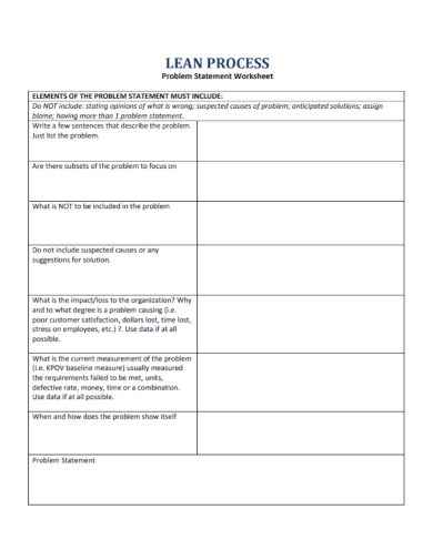 lean problem statement worksheet