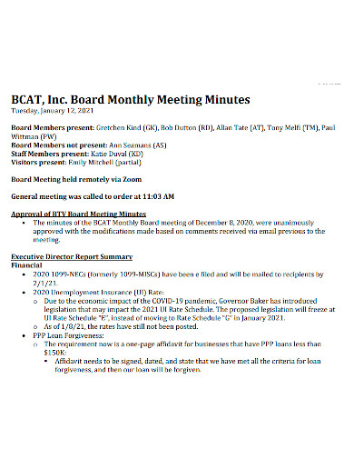 monthly board meeting minutes sample