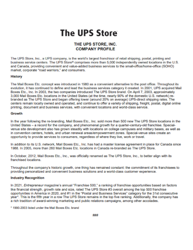 one page store company profile