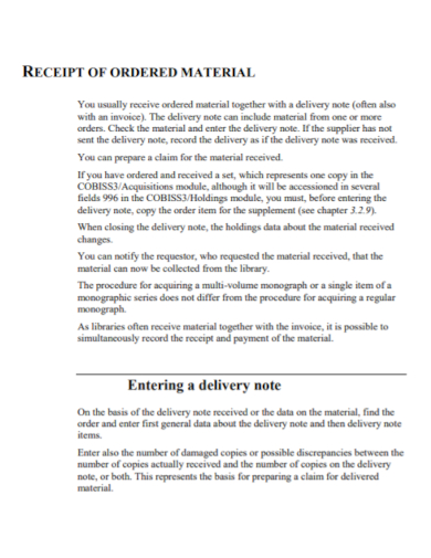 ordered material delivery note
