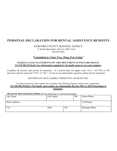 personal declaration rental statement