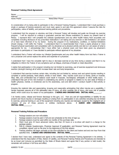 FREE 10 Personal Training Agreement Samples Client Fitness Online 