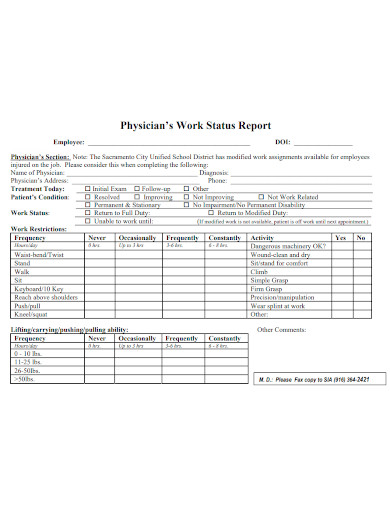 physician’s work status report