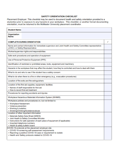 placement employer safety orientation checklist
