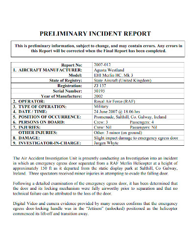 preliminary incident report sample