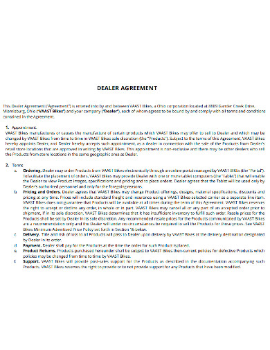 printable dealer sales and service agreement