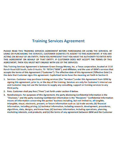 printable training services agreement
