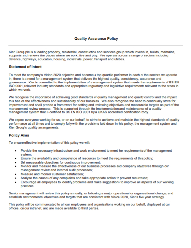 quality assurance policy statement of intent