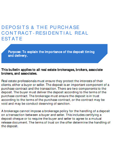 residential real estate deposits and purchase contract
