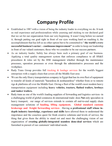 sample trucking company profile