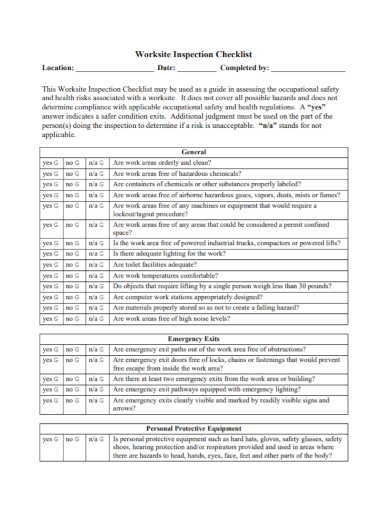 sample worksite inspection checklist