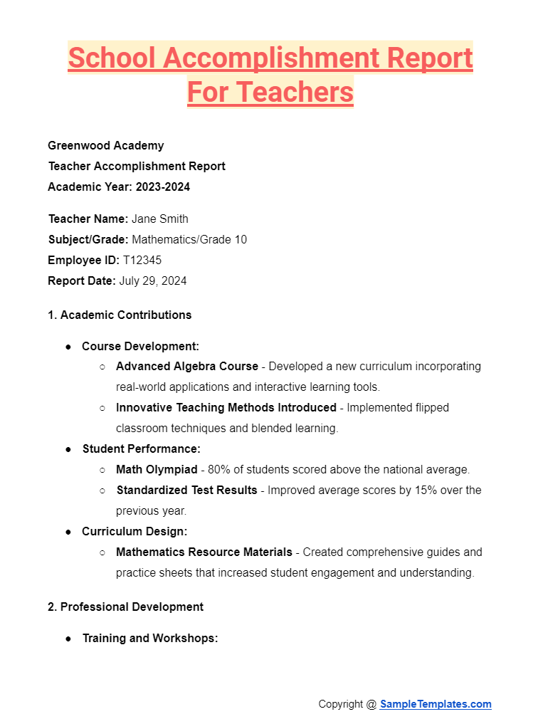 school accomplishment report for teachers