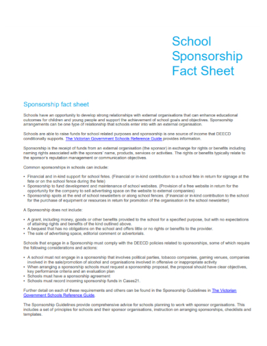 school sponsorship fact sheet