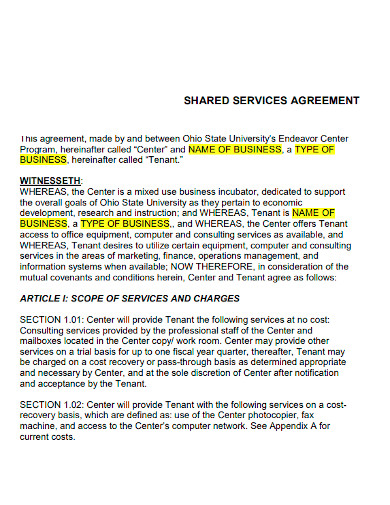 shared services agreement sample