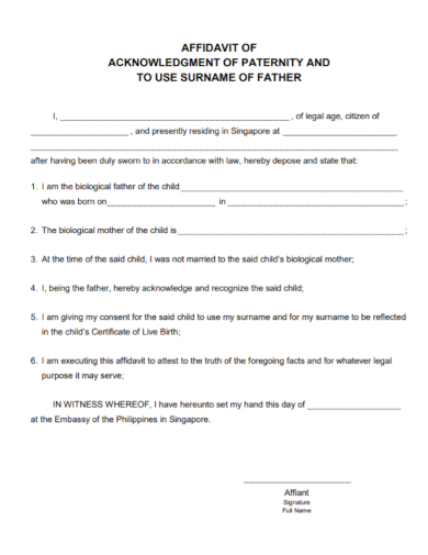 standard affidavit of acknowledgement of paternity