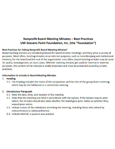 standard non profit meeting minutes