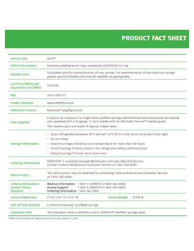 standard product fact sheet