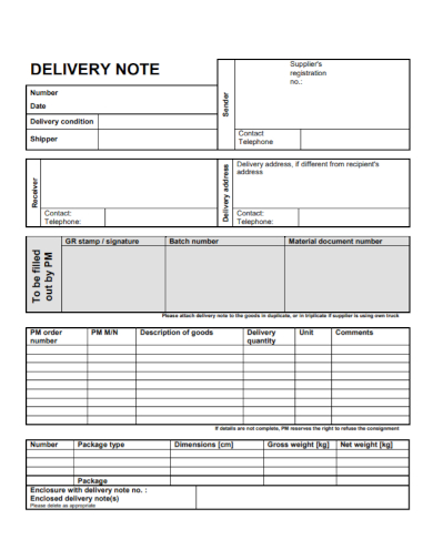 supplier material delivery note